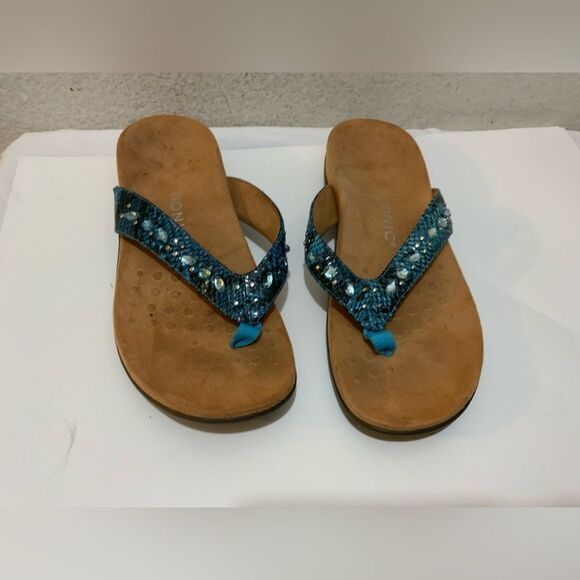 Vionic Rest Lucia Snake Aqua Thong Sandals Flip Flops Rhinestone 9 - Picture 1 of 8